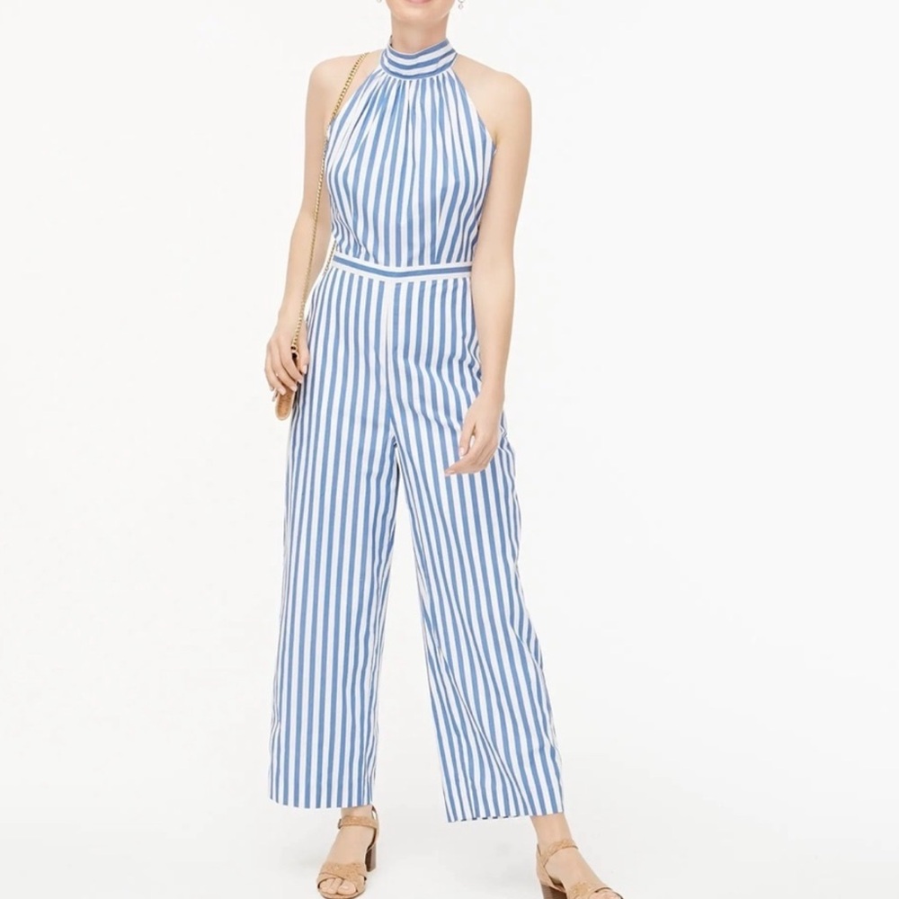 J. Crew Blue White Stripe Tie Back Halter Jumpsuit Size 8 100% Cotton